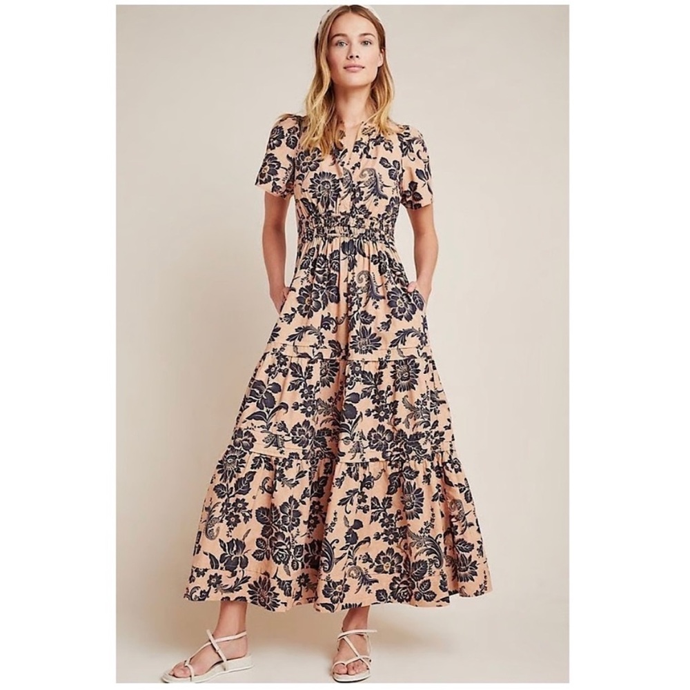Anthropologie Peach and Black Floral Maxi Dress